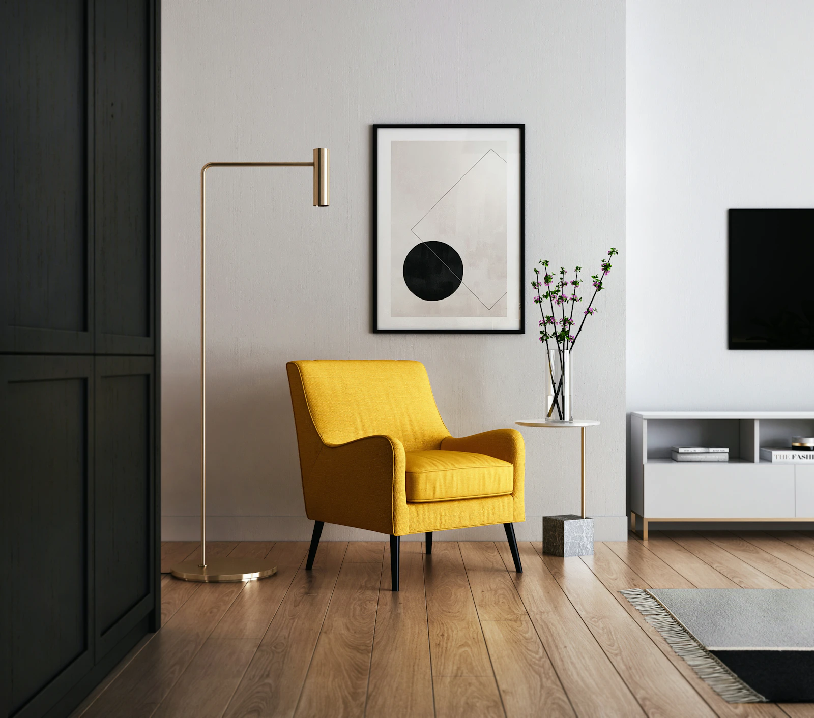 A warm room with a mustard armchair, wooden floor, and natural light